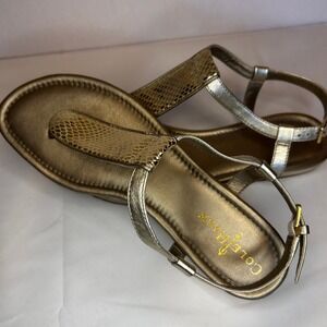 Cole Haan Gold Metallic Snake Print T Strap Sandals Women's Size 8
